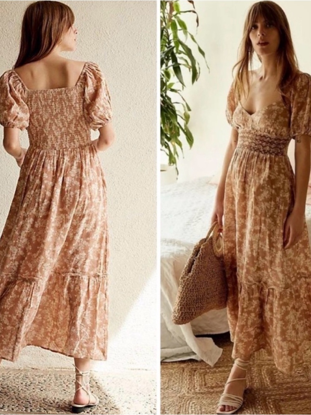FREE PEOPLE "Ellie" Cream/Tan Floral Boho Puff Sleeve Maxi Dress, Size S, EUC - Picture 5 of 13